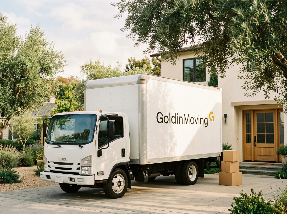 White GoldinMoving truck and packed boxes outside a welcoming home
